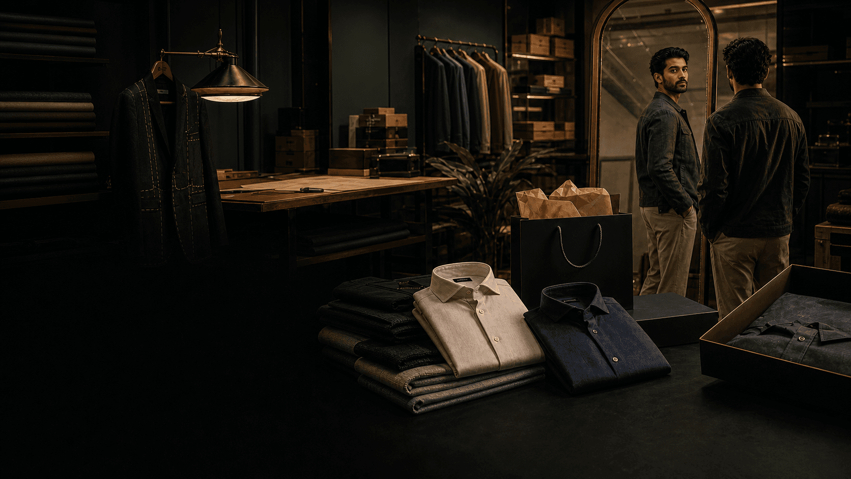 Master of Brands private atelier with premium folded shirts and denim